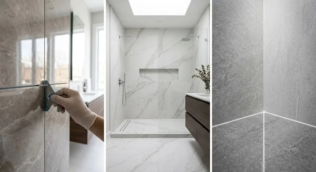 Macro shot of a flawless bathroom tile corner installation in a Toronto home, showing perfect grout lines and level porcelain tiles.