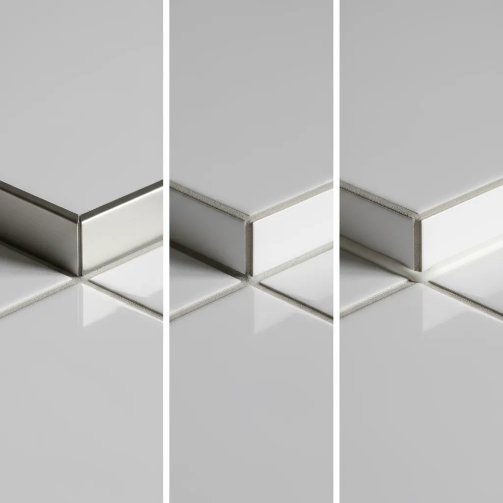 Closeup comparisons of a stainless profile, a tile return, and a colour-matched silicone joint.