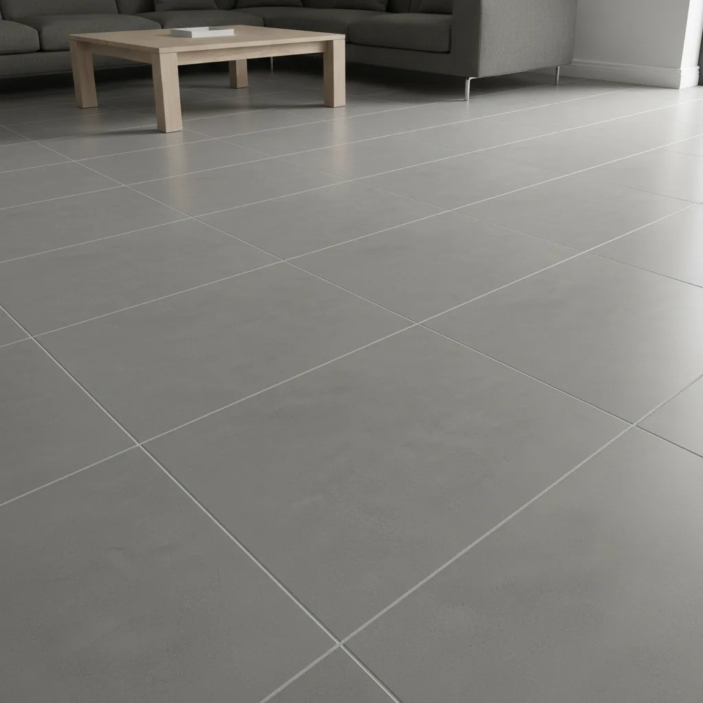 Living room with large-format 36×36 porcelain tiles laid in a precise grid with tight 1/16-inch grout joints.