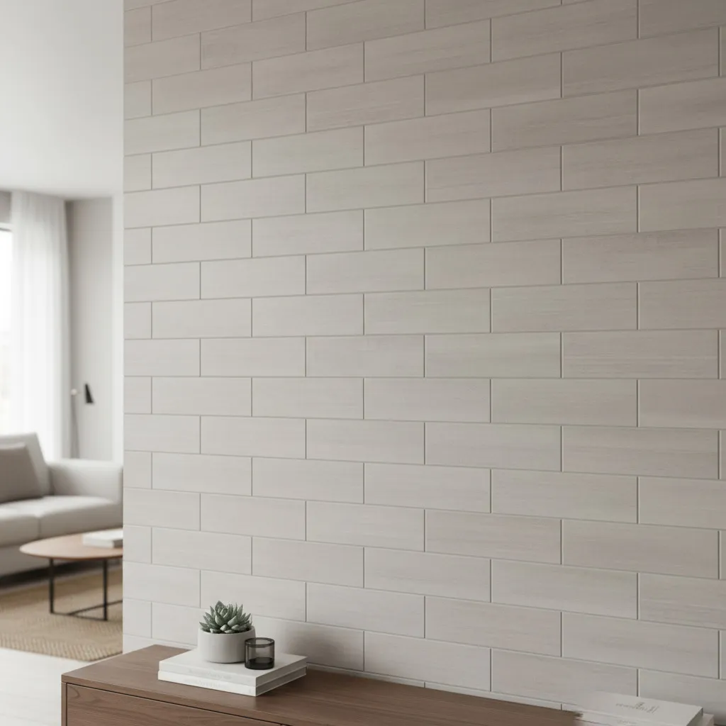 Stacked porcelain wall tiles with mid-tone grey grout creating subtle pattern definition