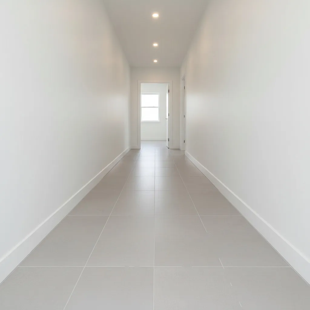 Large-format porcelain floor tile in a hallway