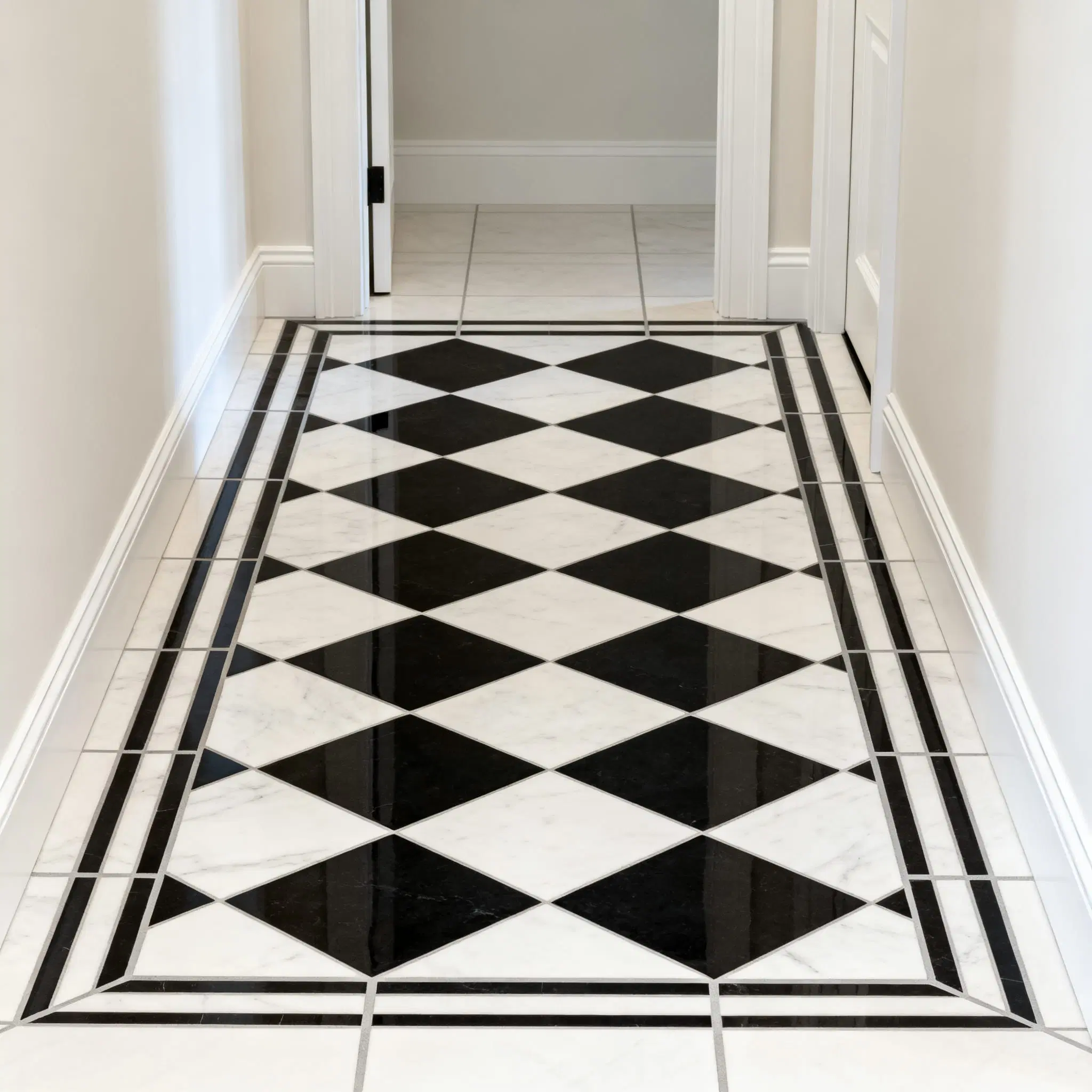 Black-and-white diamond-pattern floor tile