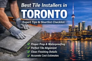 Professional tile installation in Toronto showing precise floor tile alignment and clean finishing details