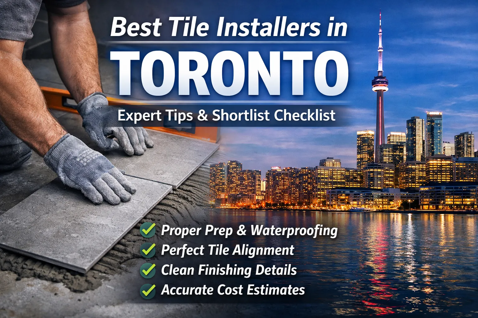 Professional tile installation in Toronto showing precise floor tile alignment and clean finishing details