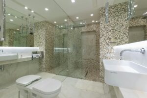 Modern bathroom featuring biophilic tile trends and earthy colours in a GTA home.