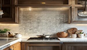 Modern kitchen backsplash installation in Toronto featuring a seamless porcelain slab and under-cabinet lighting.