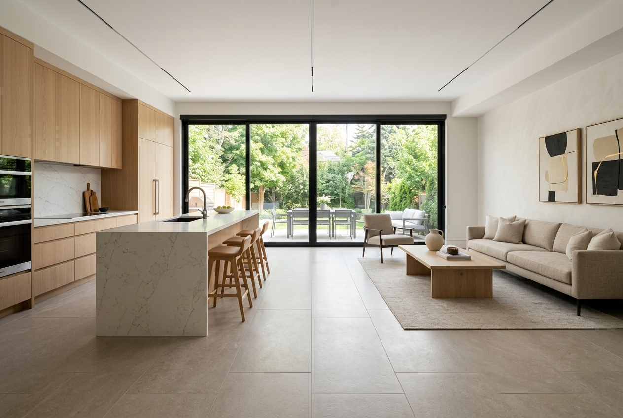 Warm greige large-format porcelain floor across kitchen and living room with natural rift-cut white oak cabinetry