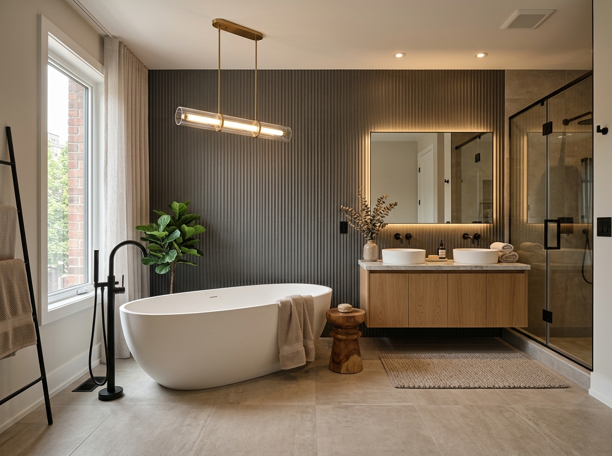 Master ensuite bathroom with fluted accent wall and freestanding tub — Barrie bathroom remodeling