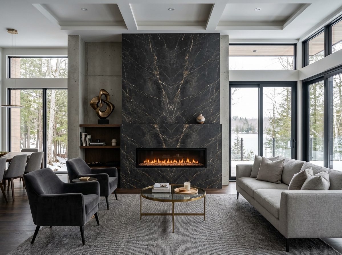 Bookmatched porcelain slab fireplace cladding — Barrie custom fireplace feature wall