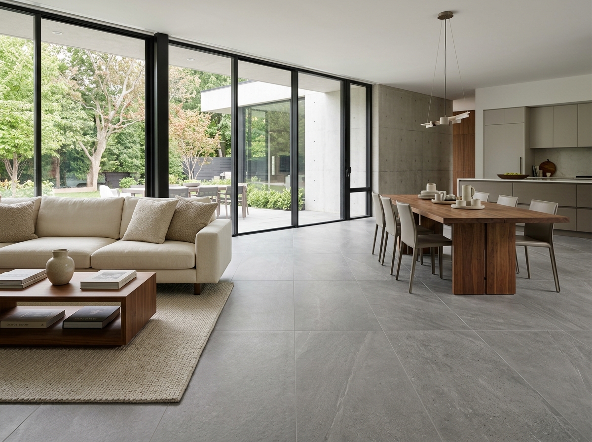 Large-format heated porcelain floor tile — Barrie residential renovation