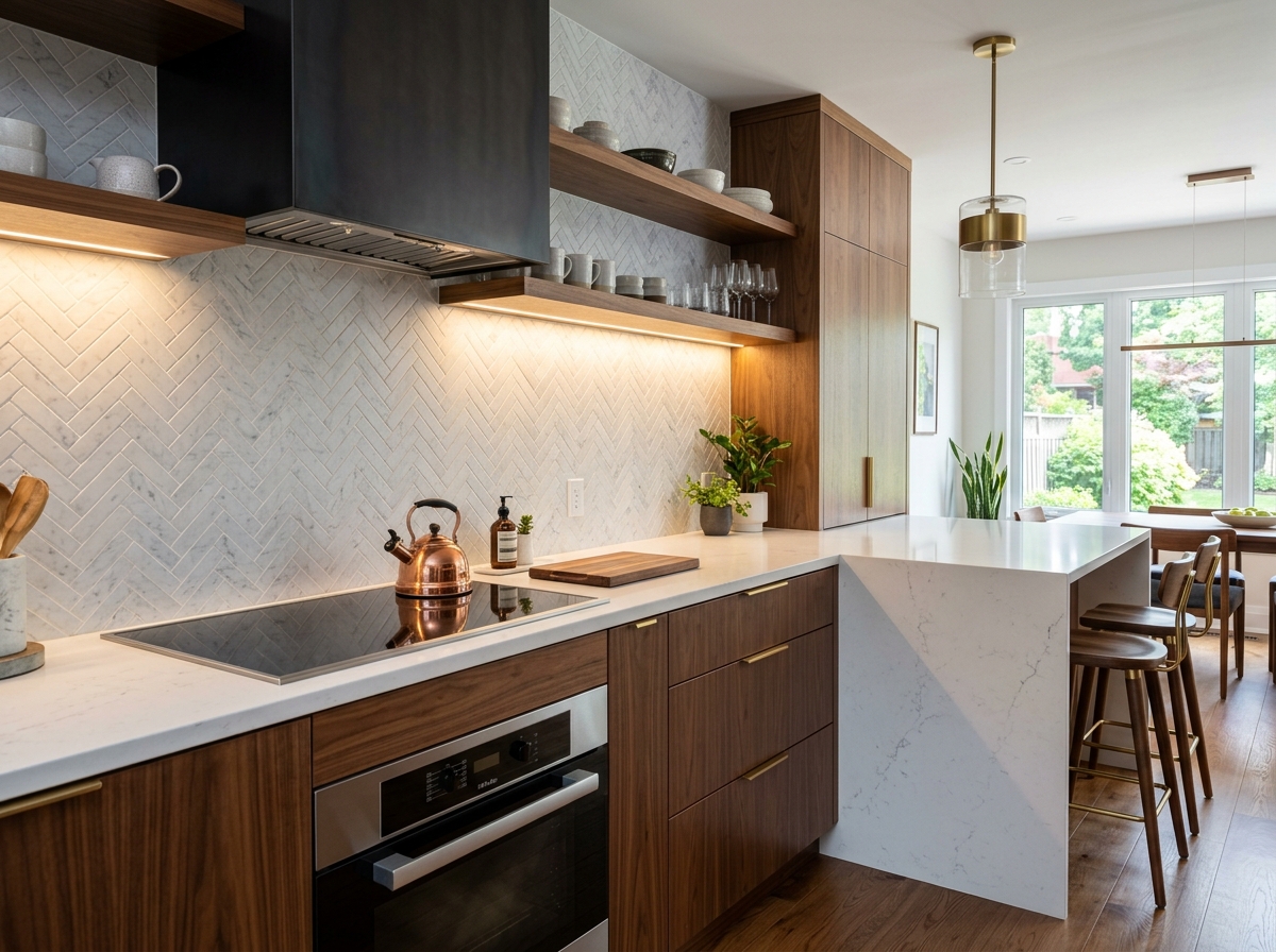 Handmade marble herringbone kitchen backsplash — Barrie custom tile work