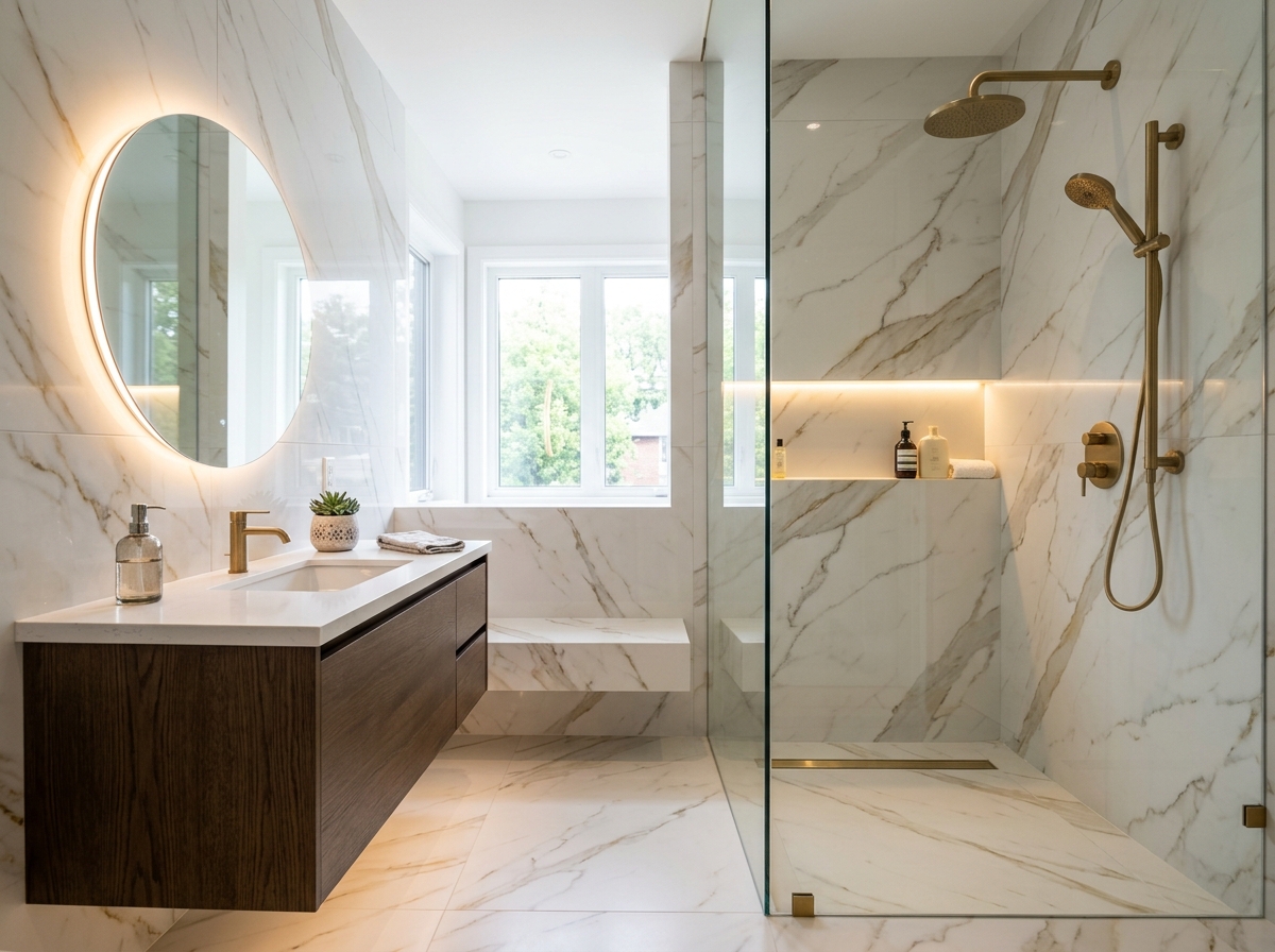 Luxury curbless walk-in shower with Calacatta porcelain — Barrie tile installation