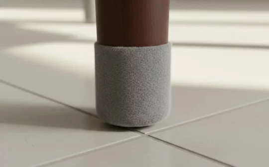 Macro of chair leg with felt pad on porcelain floor tile showing 2 mm grout line
