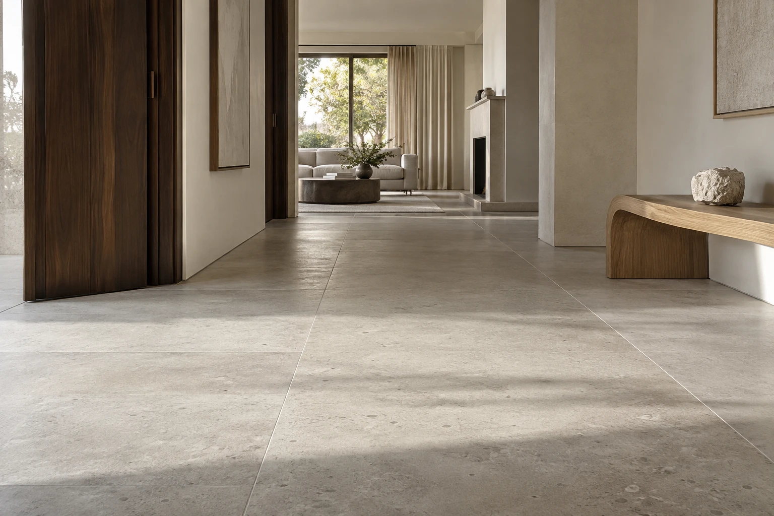 Large-format limestone-look floor tiles extending from a sunlit entrance into a living room