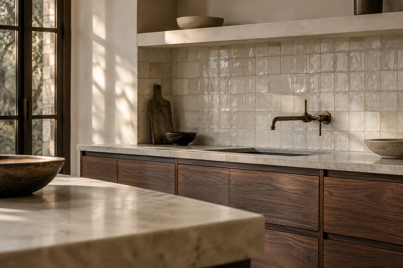 Handmade ivory backsplash tiles with walnut kitchen cabinetry and a bronze tap