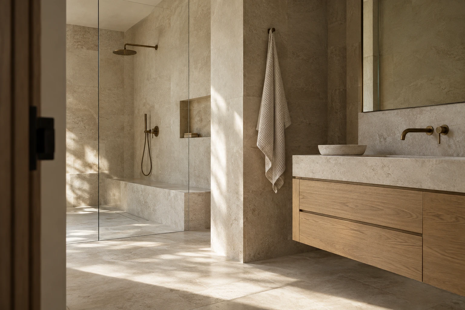 Warm limestone bathroom with a walk-in shower, recessed niche and oak vanity
