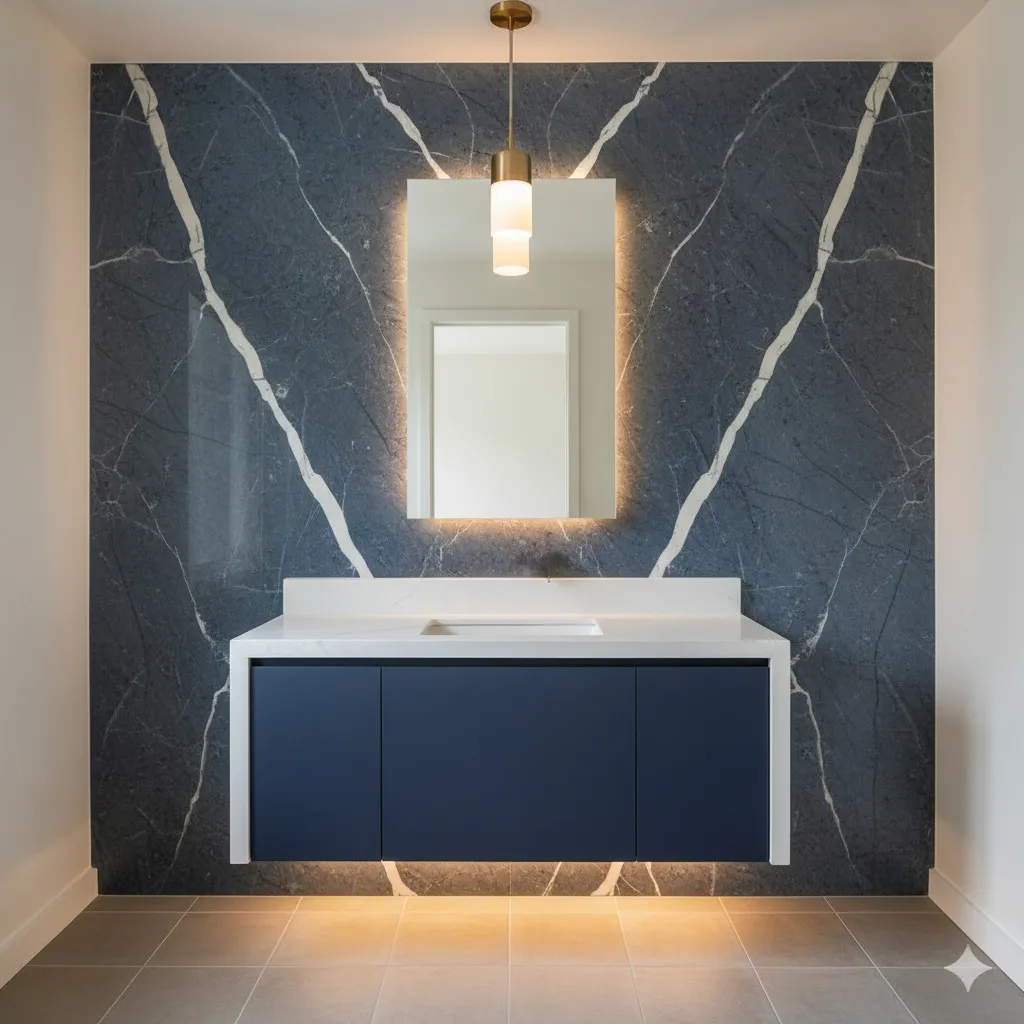 Marble-look tile on a powder-room feature wall