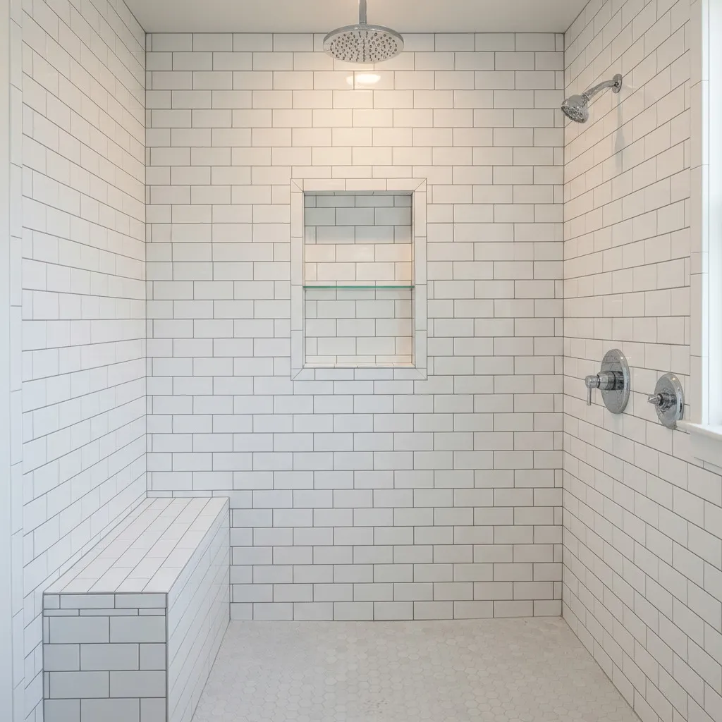 White shower tile with a bench and wall niche