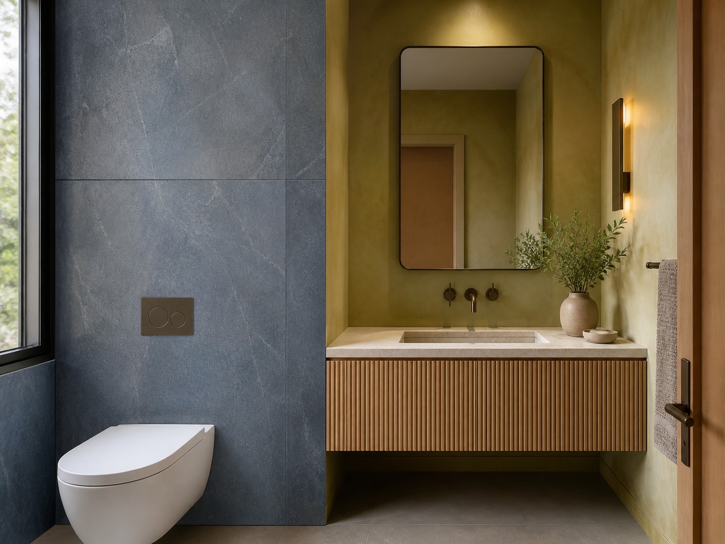 Blue-grey porcelain feature wall beside a fluted-oak powder-room vanity