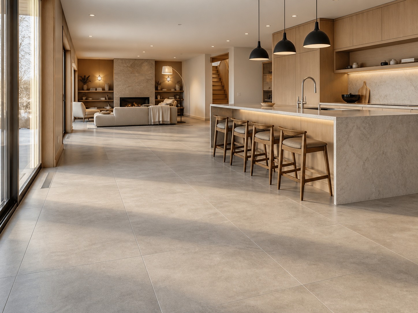 Warm-grey large-format porcelain floor across an oak kitchen and family room