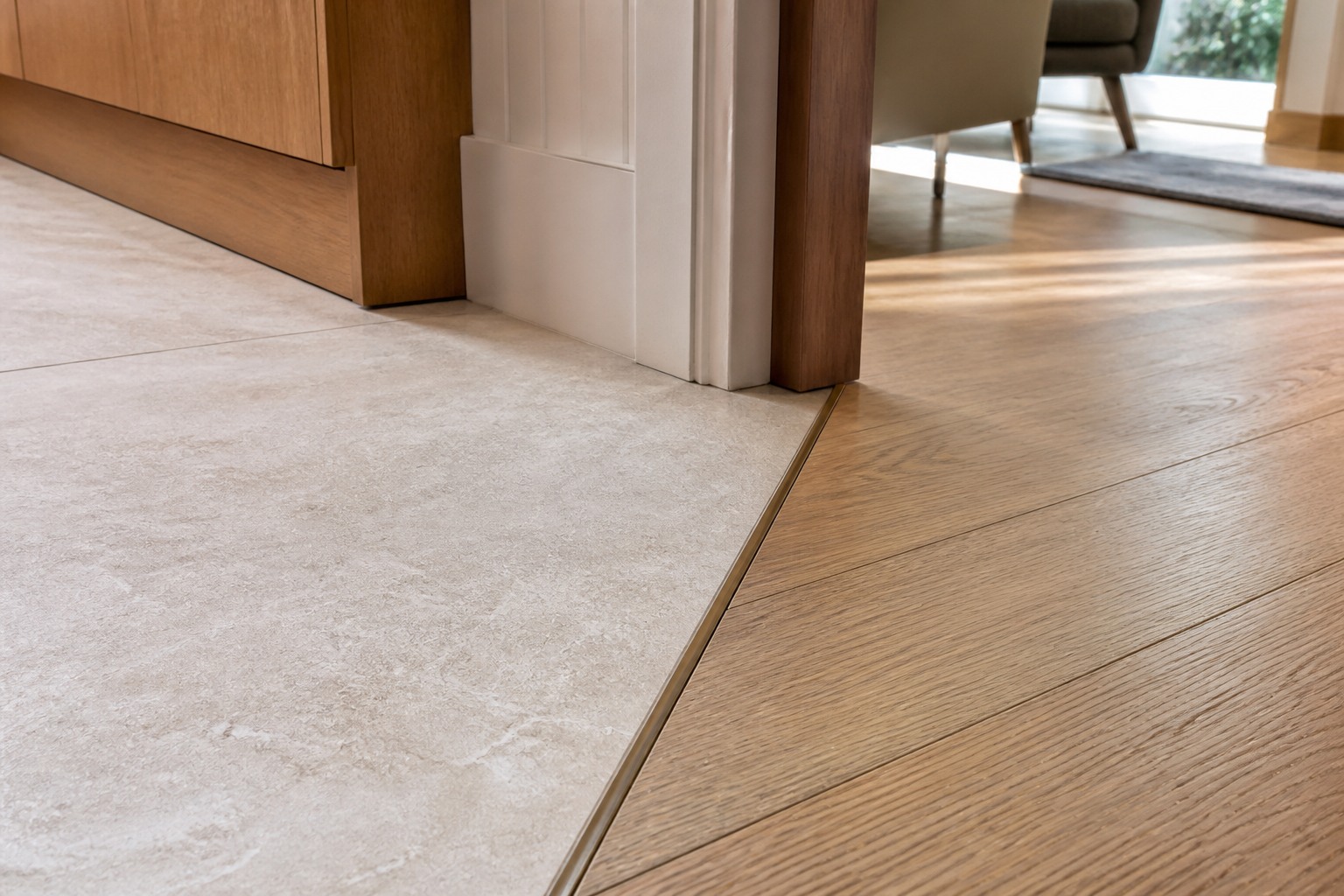 Flush limestone-look porcelain and white-oak floor transition with bronze trim