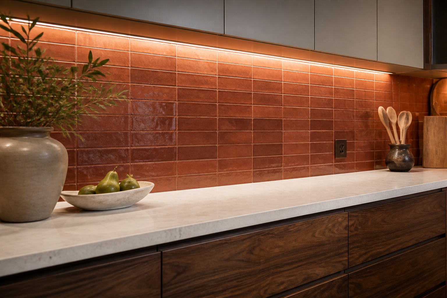 Burnt-sienna handmade tile backsplash above walnut kitchen cabinetry