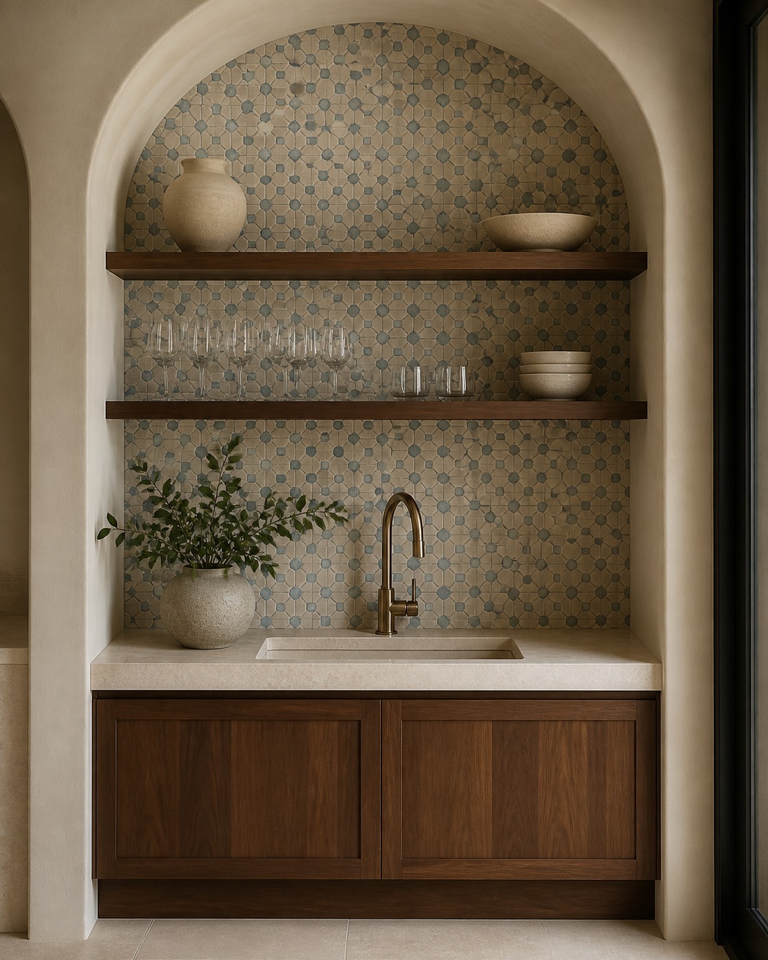 Arched beverage alcove with a cream-and-blue geometric mosaic