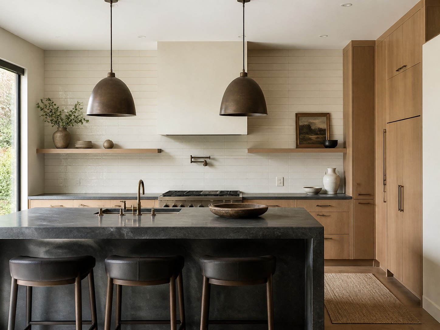 Ivory stacked ceramic backsplash in an oak and soapstone kitchen