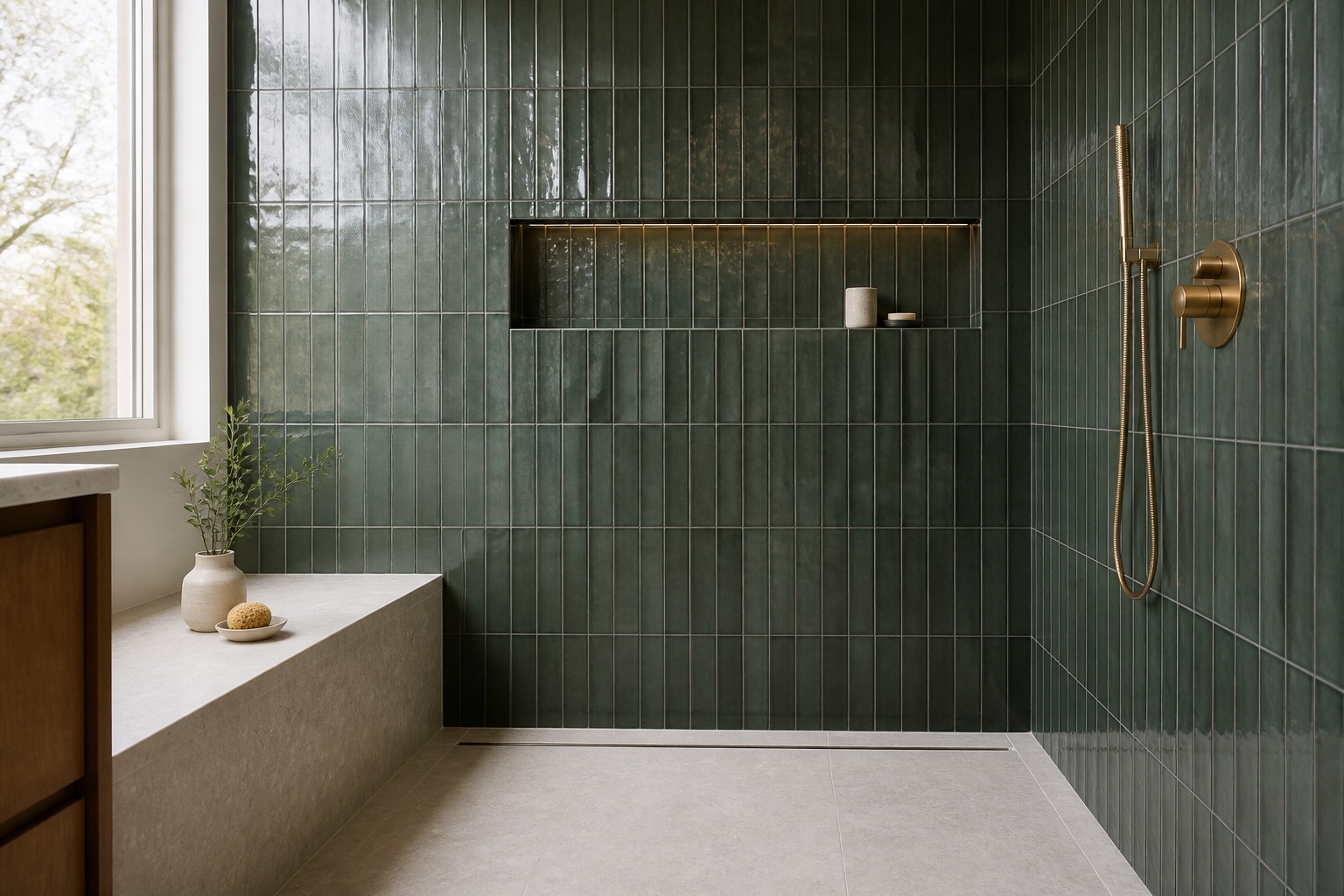 Deep green tiled walk-in shower with a stone bench and brass fixtures