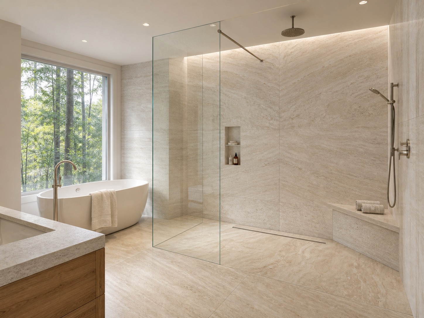 Ivory travertine-look wet room with a curbless shower, bench and tub