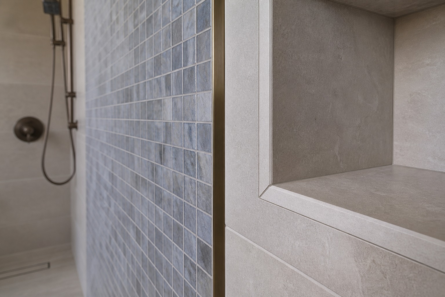 Blue-grey mosaic shower wall meeting a pale porcelain niche and bronze trim