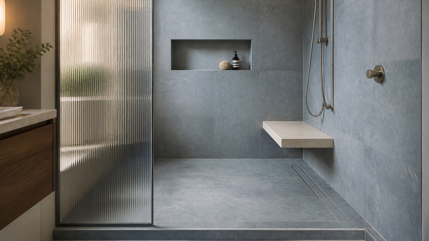 Walk-in shower design with blue-grey tile, a floating bench and a recessed niche