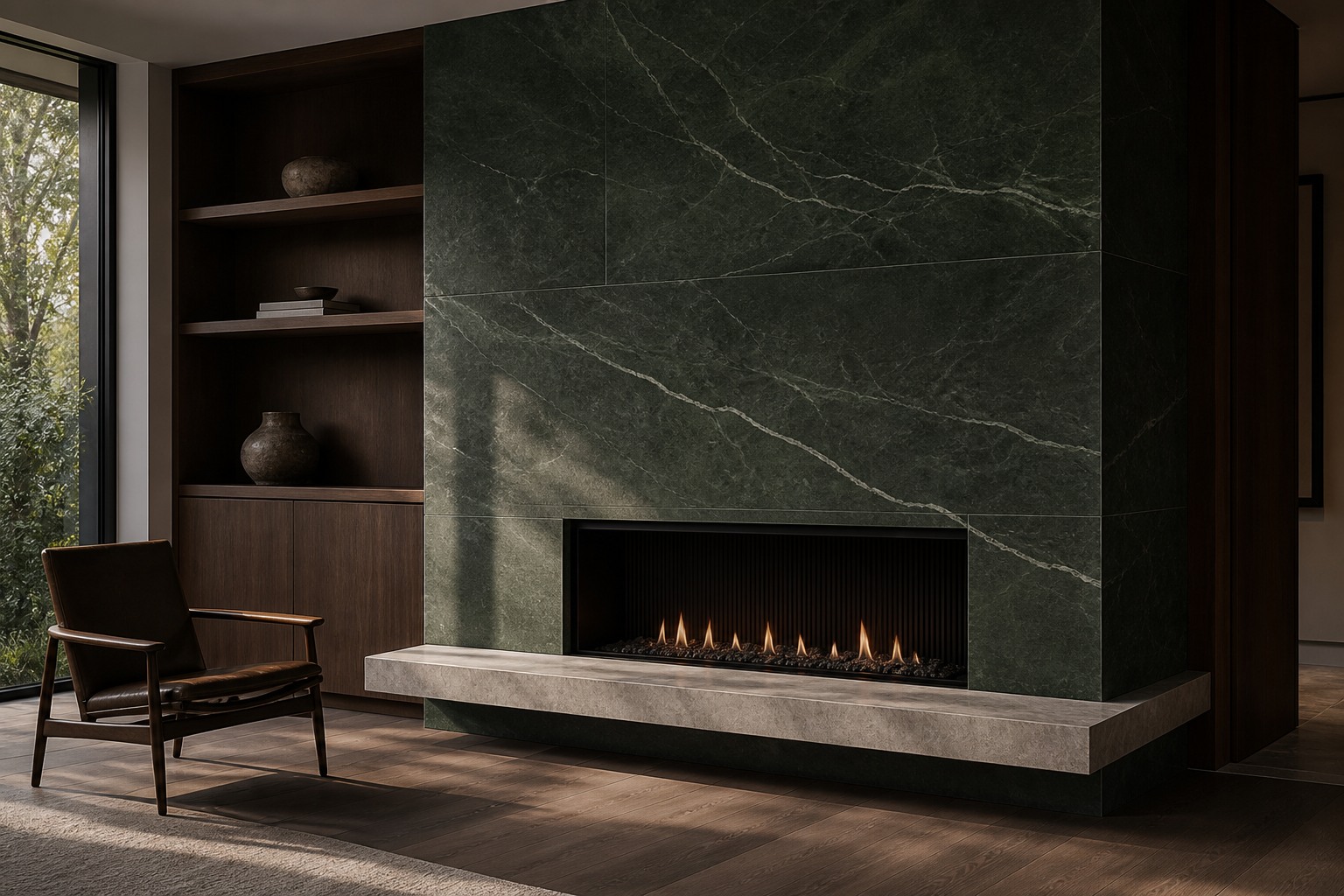 Forest-green porcelain-slab fireplace with a pale floating hearth