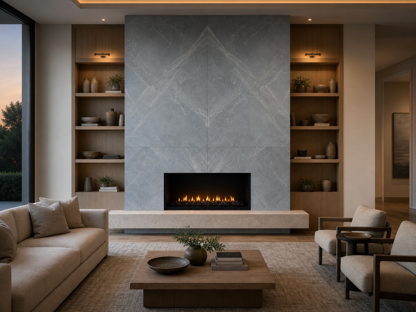 Bookmatched blue-grey porcelain-slab fireplace framed by oak shelving