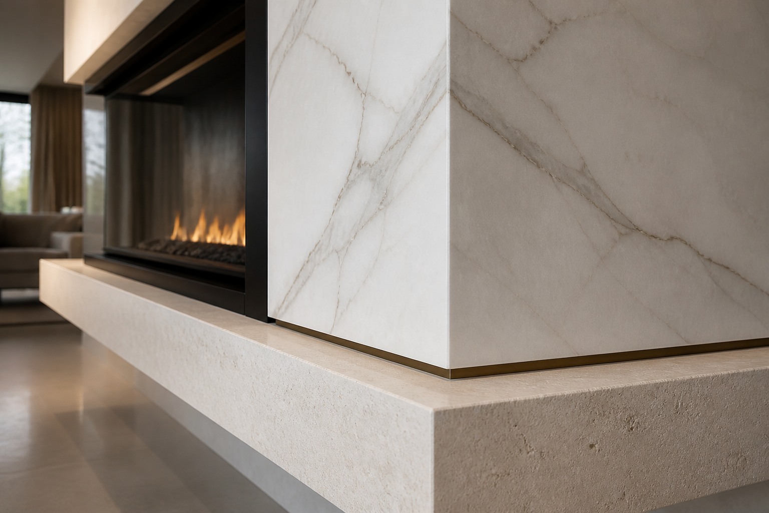 Mitred marble-look porcelain fireplace return with a bronze shadow gap