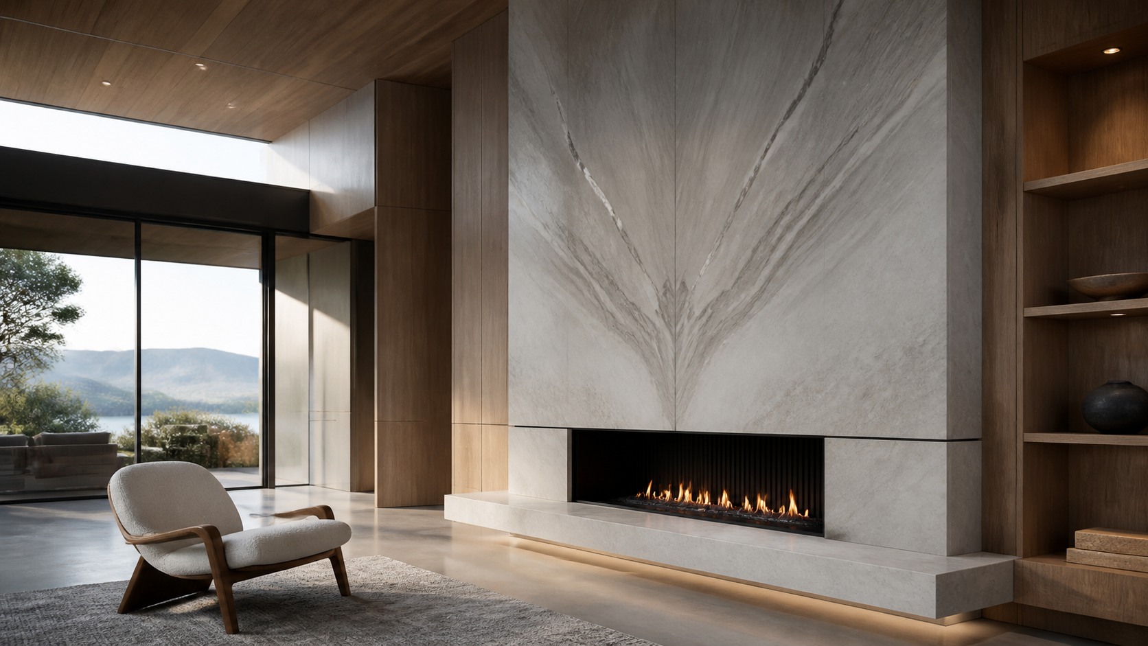 Large-format porcelain fireplace design with bookmatched veining and a slim hearth