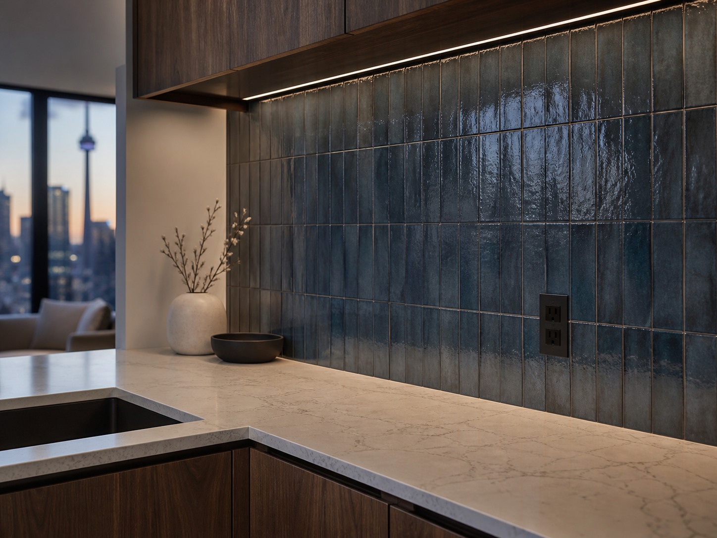 Mineral-blue condominium kitchen backsplash design with soft city light