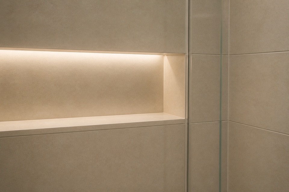 Close view of an illuminated shower niche meeting a glass return and aligned joints