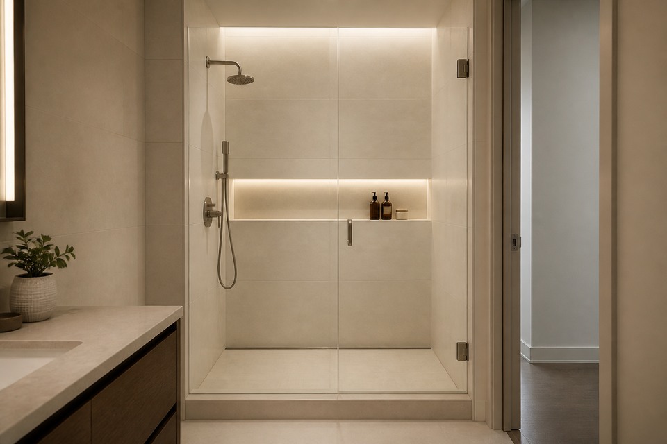 Room view of a pale porcelain condominium shower with a full-width illuminated niche
