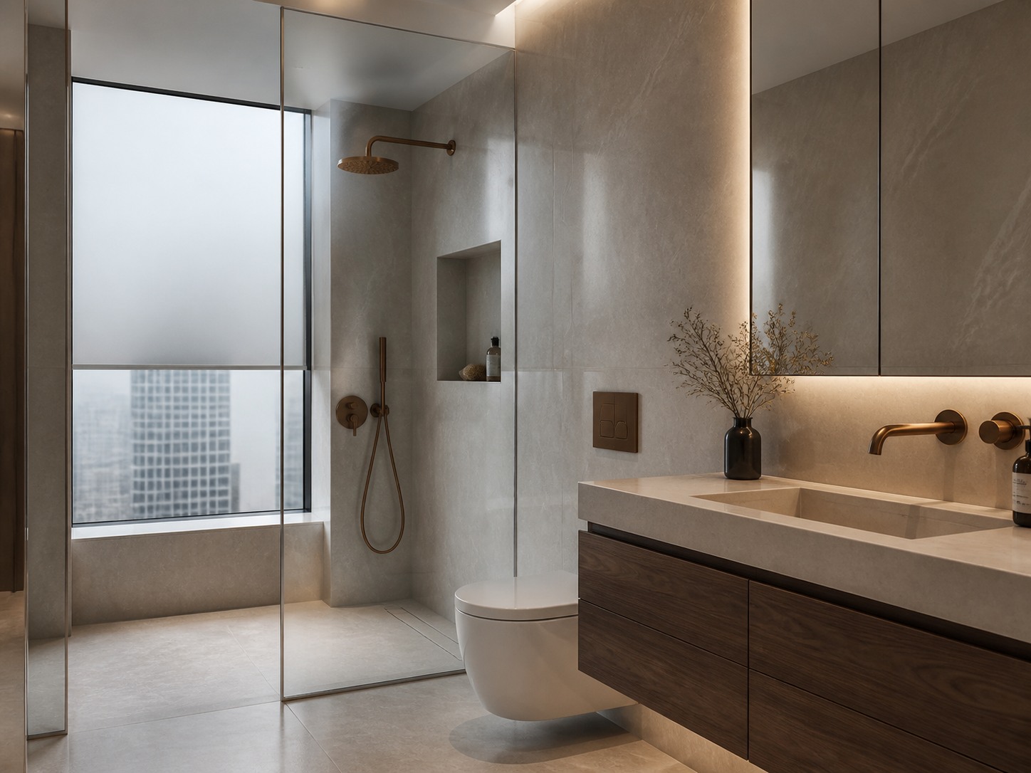 Compact condominium bathroom design with porcelain slabs and bronze fixtures
