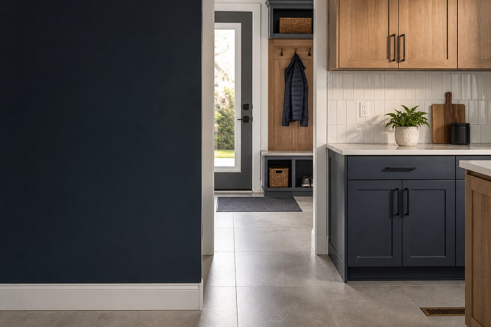 Tile installation in Ajax room view showing tile scale, joint layout and adjoining finishes