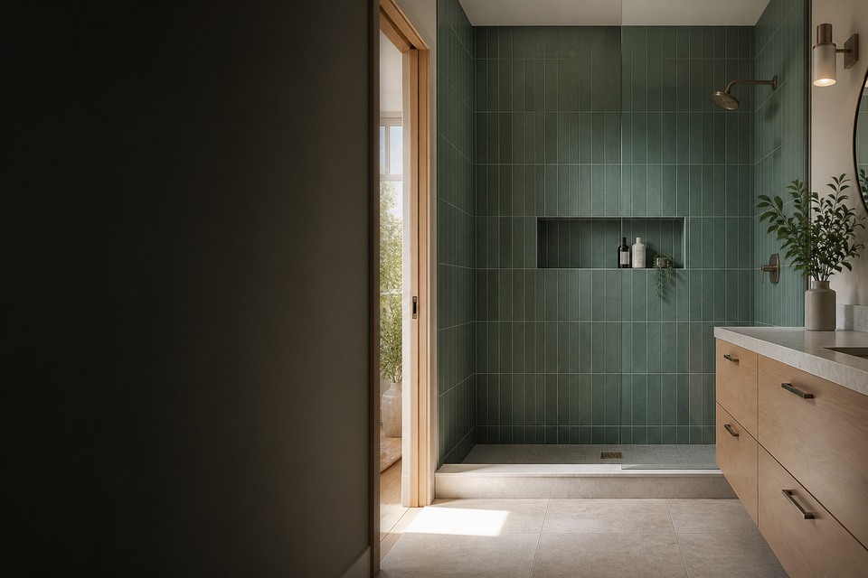 Tile installation in Aurora room view showing tile scale, joint layout and adjoining finishes