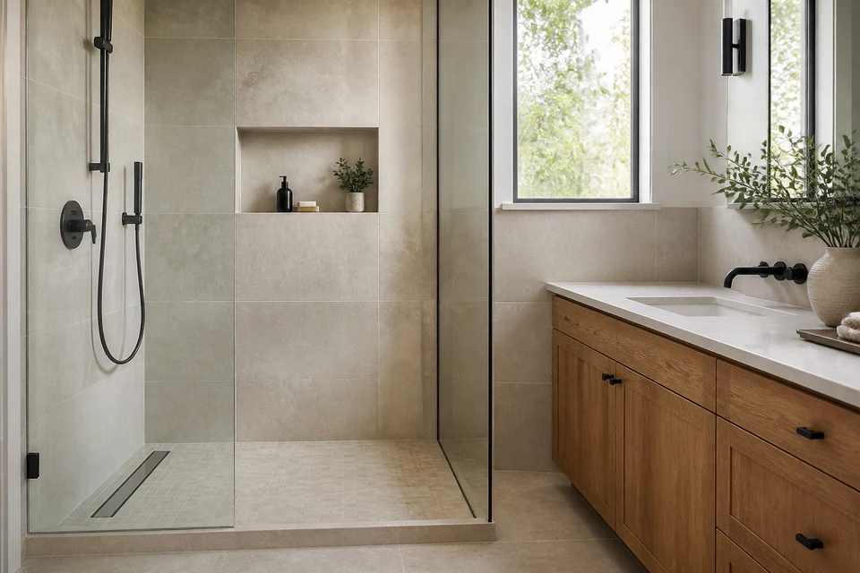 Bathroom tile installation planning with a tiled shower, niche, drain and vanity