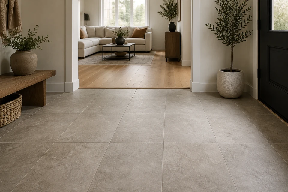 Floor tile installation planning with an entry, doorway and wood-floor transition
