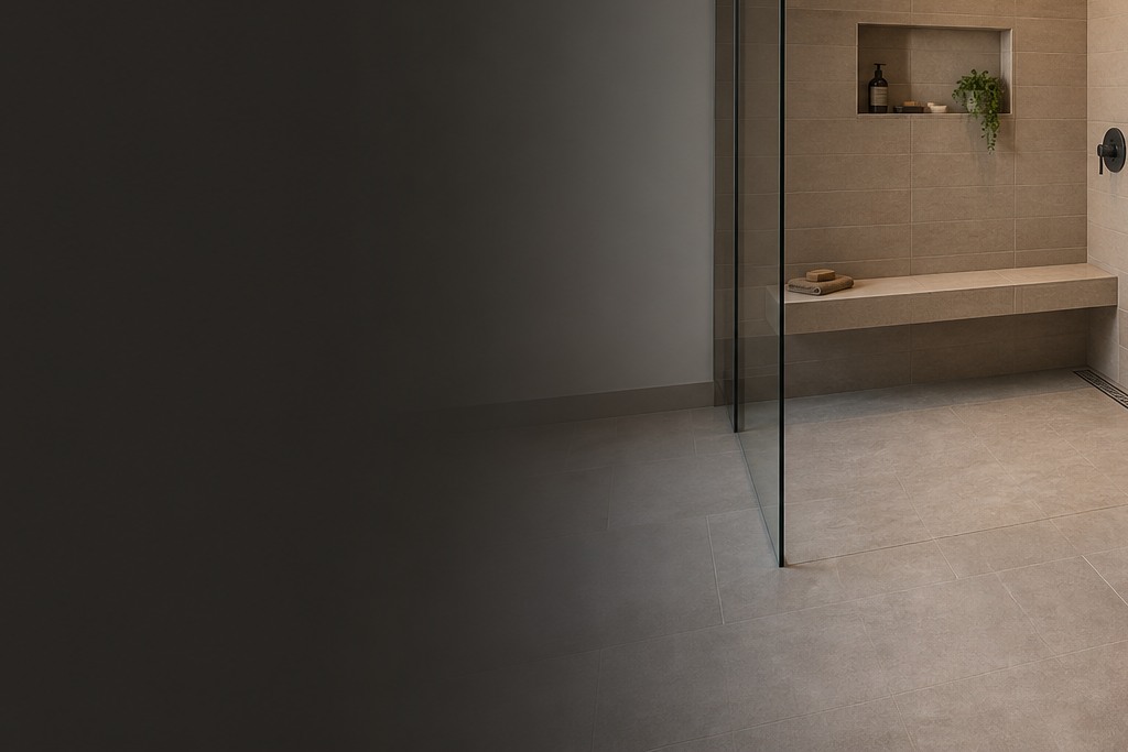 Detailed view for Curbless Shower Tile Installation showing tile cuts, grout joints and surface transitions