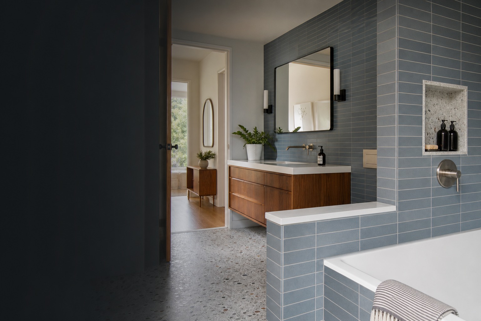 Tile installation in Etobicoke room view showing tile scale, joint layout and adjoining finishes