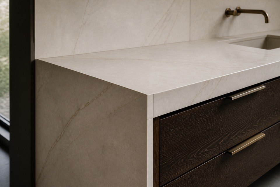Detailed view for Porcelain Slab Installation showing tile cuts, grout joints and surface transitions