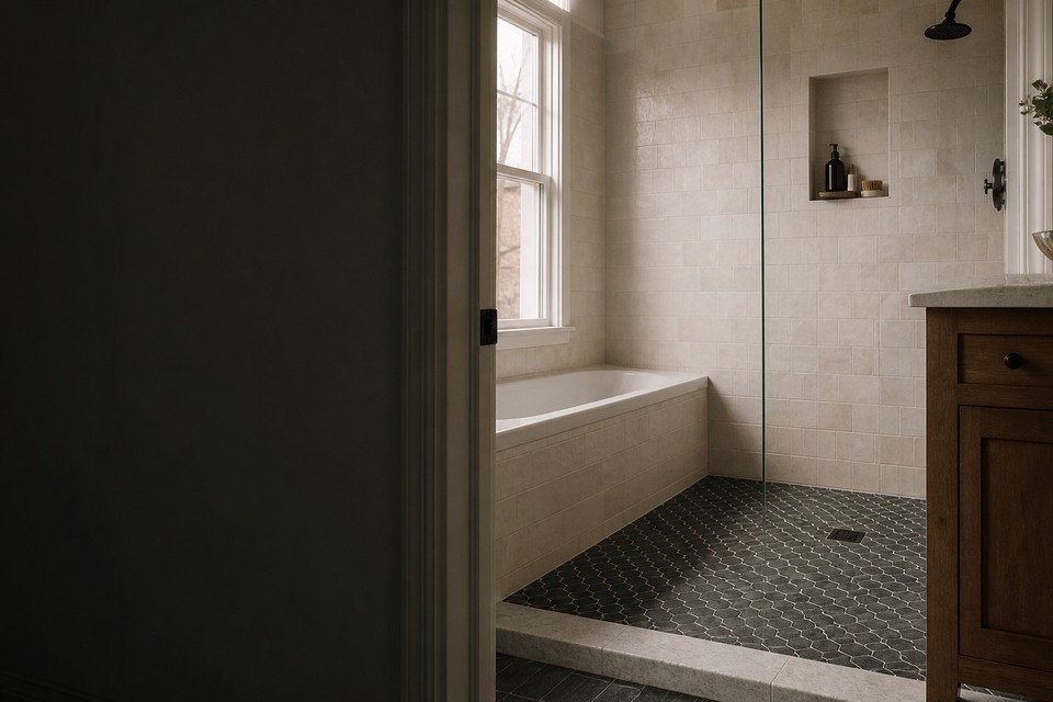 Tile installation in Unionville room view showing tile scale, joint layout and adjoining finishes