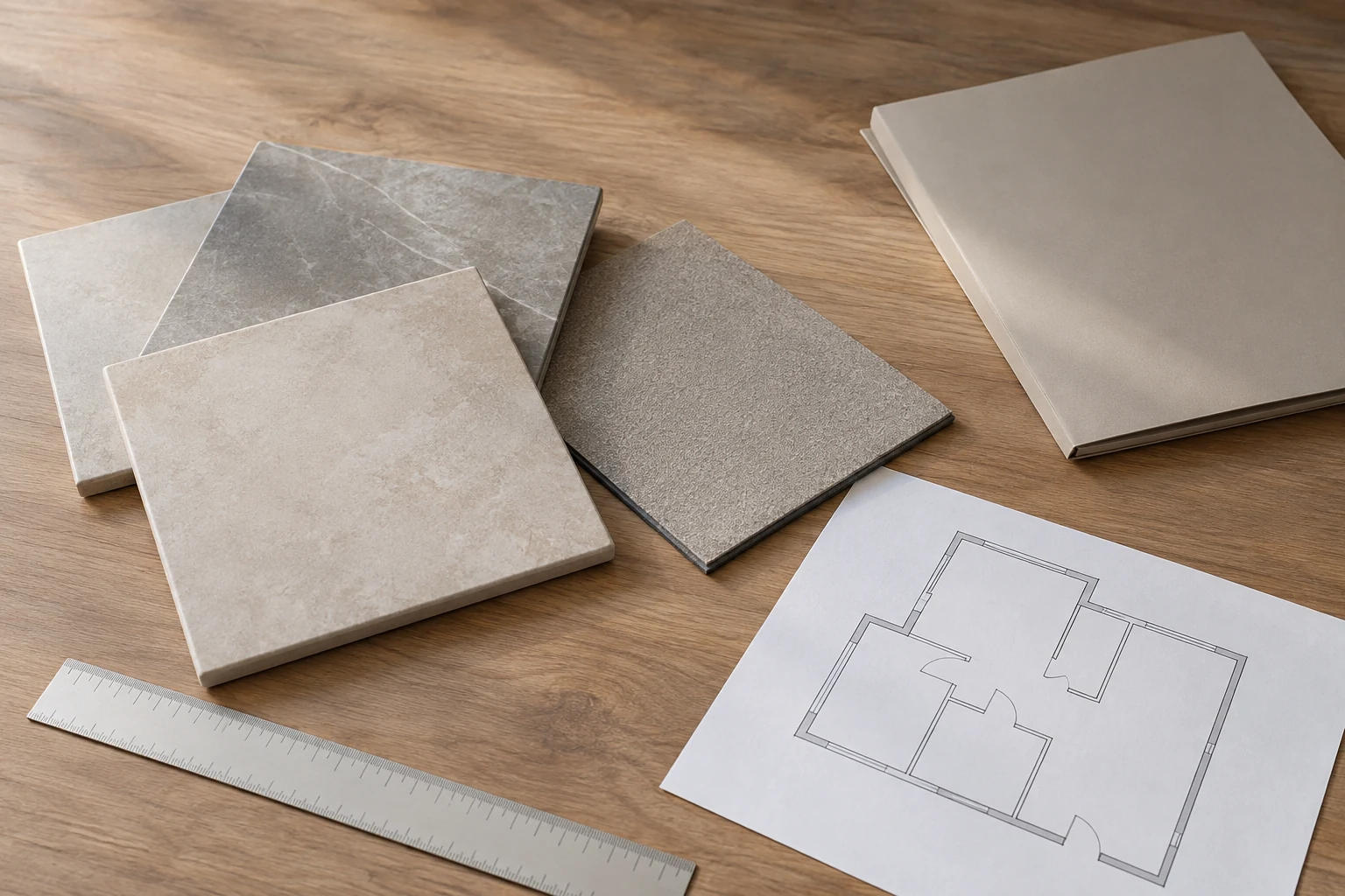 Tile samples, a ruler and a folder arranged for floor planning.