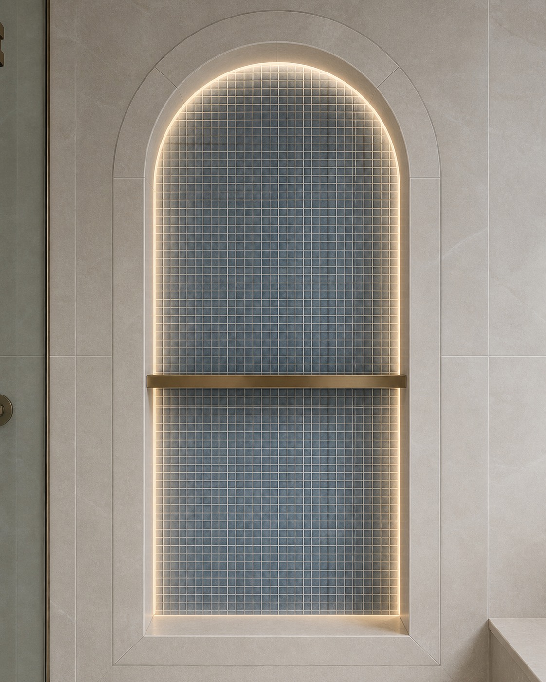 Arched mineral-blue mosaic niche with pale porcelain returns and bronze shelf